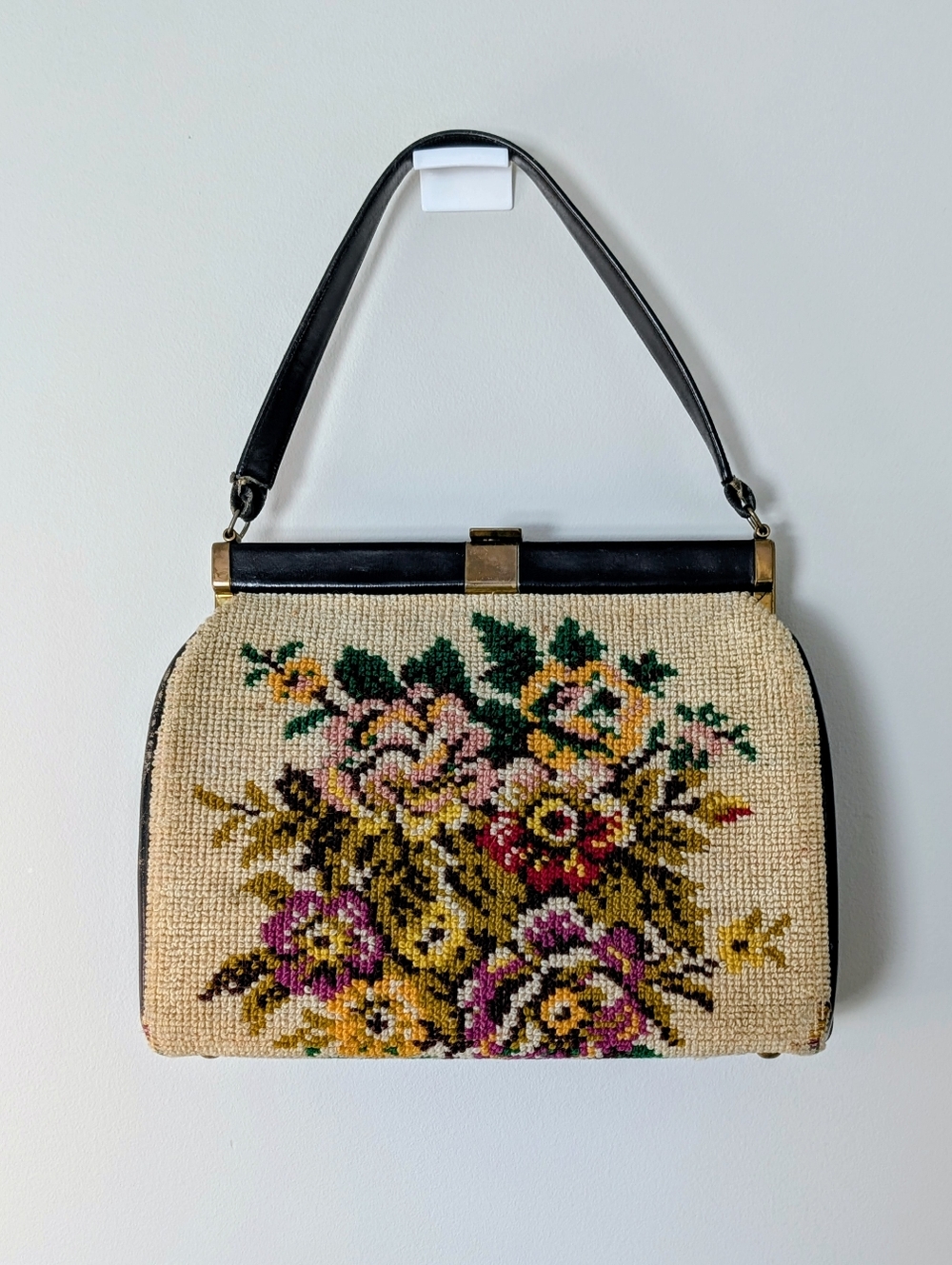 1960s Floral Needlepoint Purse Vintage Tapestry Handbag Mid Century Leather RARE